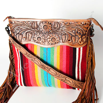 American Darling Signature CrossBody Hand Tooled Saddle Blanket Fabric Genuine Leather Western Women Bag Handbag Purse Cute